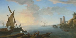 Adrien Manglard - Southern Mediterranean Seascape With Boats And Figures At Sunset