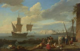Adrien Manglard - The waterfront at Naples with fishermen and merchants in the foreground and Castel dell\'Ovo beyond