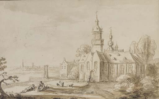 Aegidius Neyts - Une église dans un paysage, un couple de bergers au premier plan