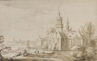 Aegidius Neyts - Une église dans un paysage, un couple de bergers au premier plan