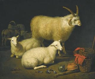 Aelbert Cuyp - A Barn Interior With A Four-Horned Ram And Four Ewes, And A Goat, With A Still Life Of A Basket And Upturned Pots To The Right