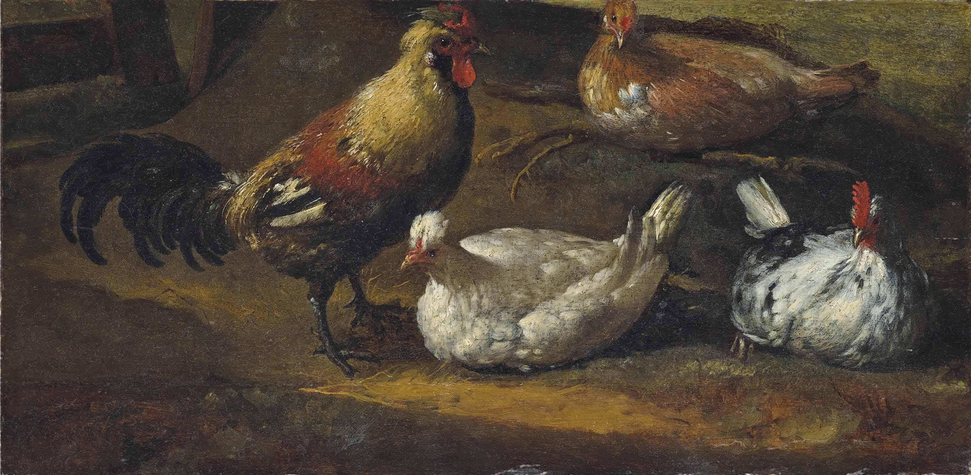 Aelbert Cuyp - A cockerel and three hens in a landscape: a fragment