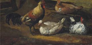 Aelbert Cuyp - A cockerel and three hens in a landscape: a fragment