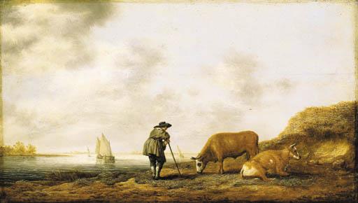 Aelbert Cuyp - A River Landscape With A Cowherd Resting On His Crook, Smalschips On A River Beyond