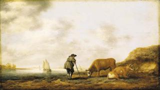 Aelbert Cuyp - A River Landscape With A Cowherd Resting On His Crook, Smalschips On A River Beyond