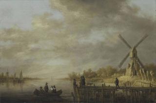 Aelbert Cuyp - A River Landscape With A Windmill And Gentlefolk In A Rowing Boat And On A Jetty In The Foreground