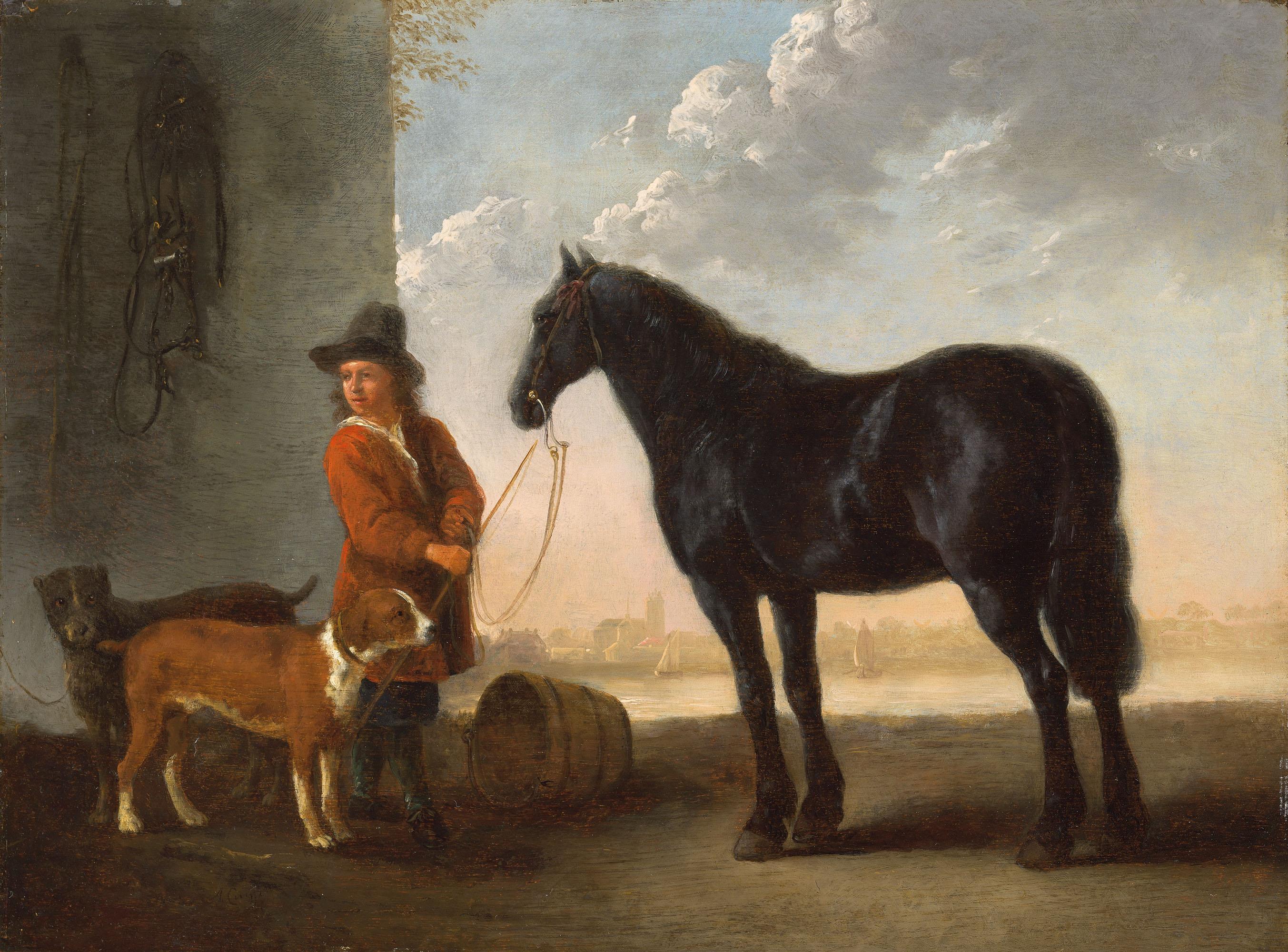 Aelbert Cuyp - A young groom holding the tether of a black stallion