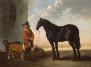 Aelbert Cuyp - A young groom holding the tether of a black stallion