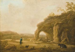 Aelbert Cuyp - An Italianate landscape with shepherds by a grotto