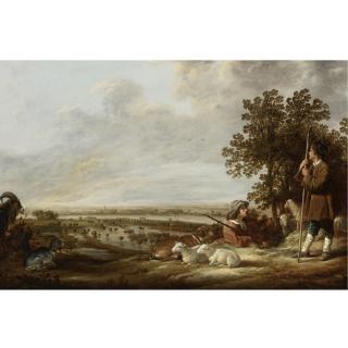 Aelbert Cuyp - Flooded River Landscape With Two Shepherds And Their Flock Of Sheep And Goats
