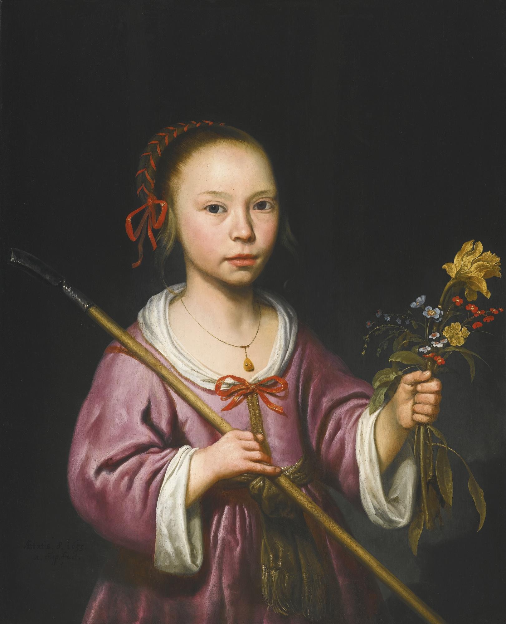 Aelbert Cuyp - Portrait Of A Young Girl As A Shepherdess, Holding A Sprig Of Flowers