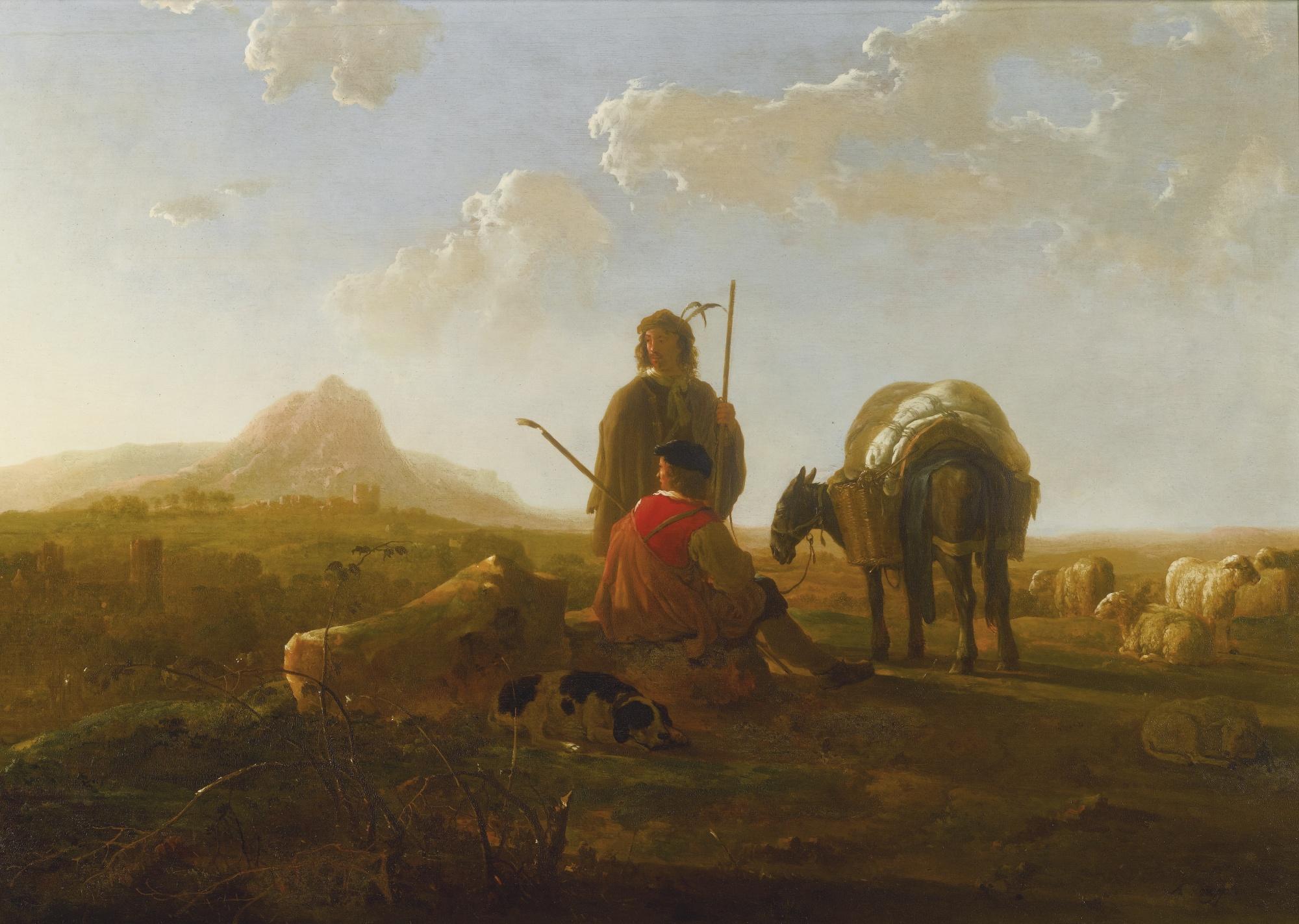 Aelbert Cuyp - Two Shepherds With A Mule And A Dog In A Hilly Landscape