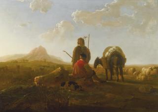 Aelbert Cuyp - Two Shepherds With A Mule And A Dog In A Hilly Landscape