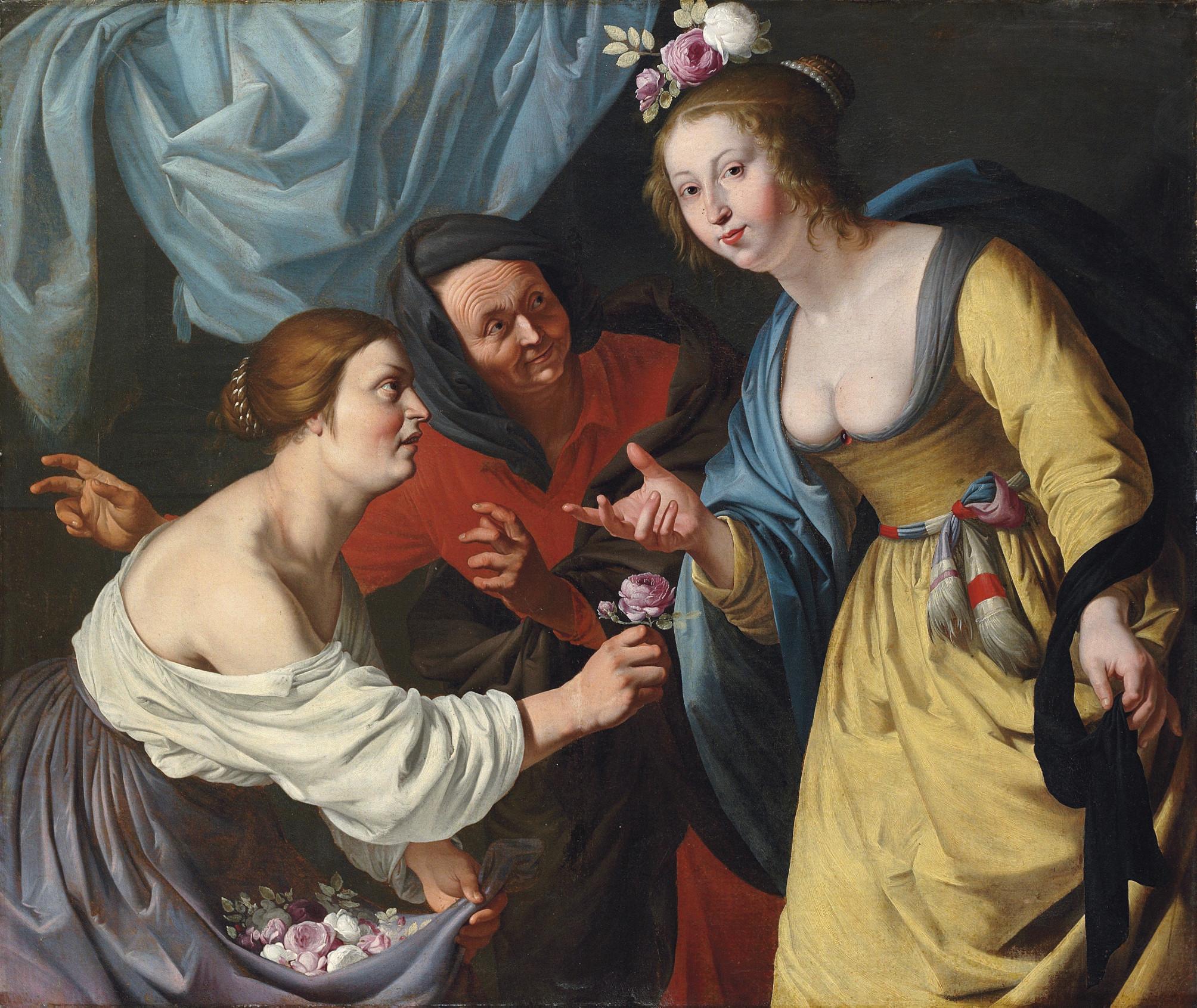 Aelbert Jansz. van der Schoor - An Allegory of Youth And Old Age: A Lady Offering Flowers To A Young Woman, With An Elderly Lady Beyond