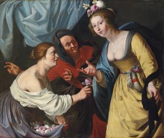 Aelbert Jansz. van der Schoor - An Allegory of Youth And Old Age: A Lady Offering Flowers To A Young Woman, With An Elderly Lady Beyond