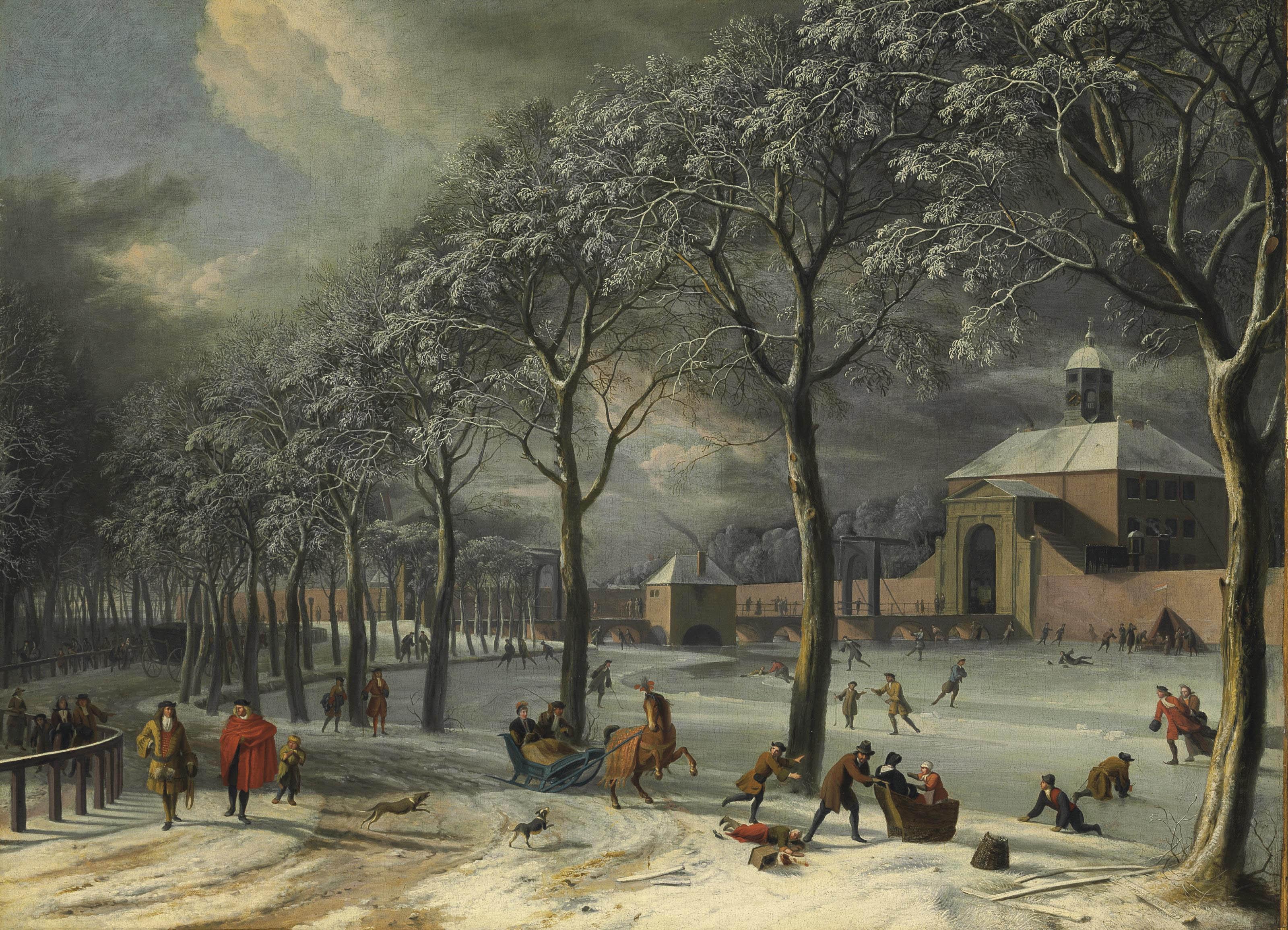 Aelbert Meyeringh - A winter scene of the Weesper poort, Amsterdam, with townsfolk in a park and a frozen canal with skaters and kolf players