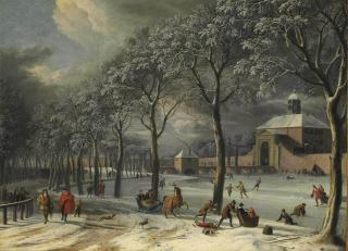 Aelbert Meyeringh - A winter scene of the Weesper poort, Amsterdam, with townsfolk in a park and a frozen canal with skaters and kolf players