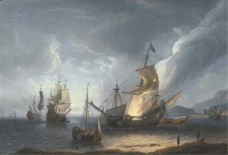 Aernout Smit - A coastal nocturne with a ship ablaze on the shore, others in a calm beyond, a fortified port beyond