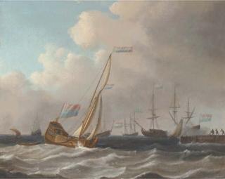 Aernout Smit - A Dutch Admiralty yacht running into port with a warship saluting off a quay