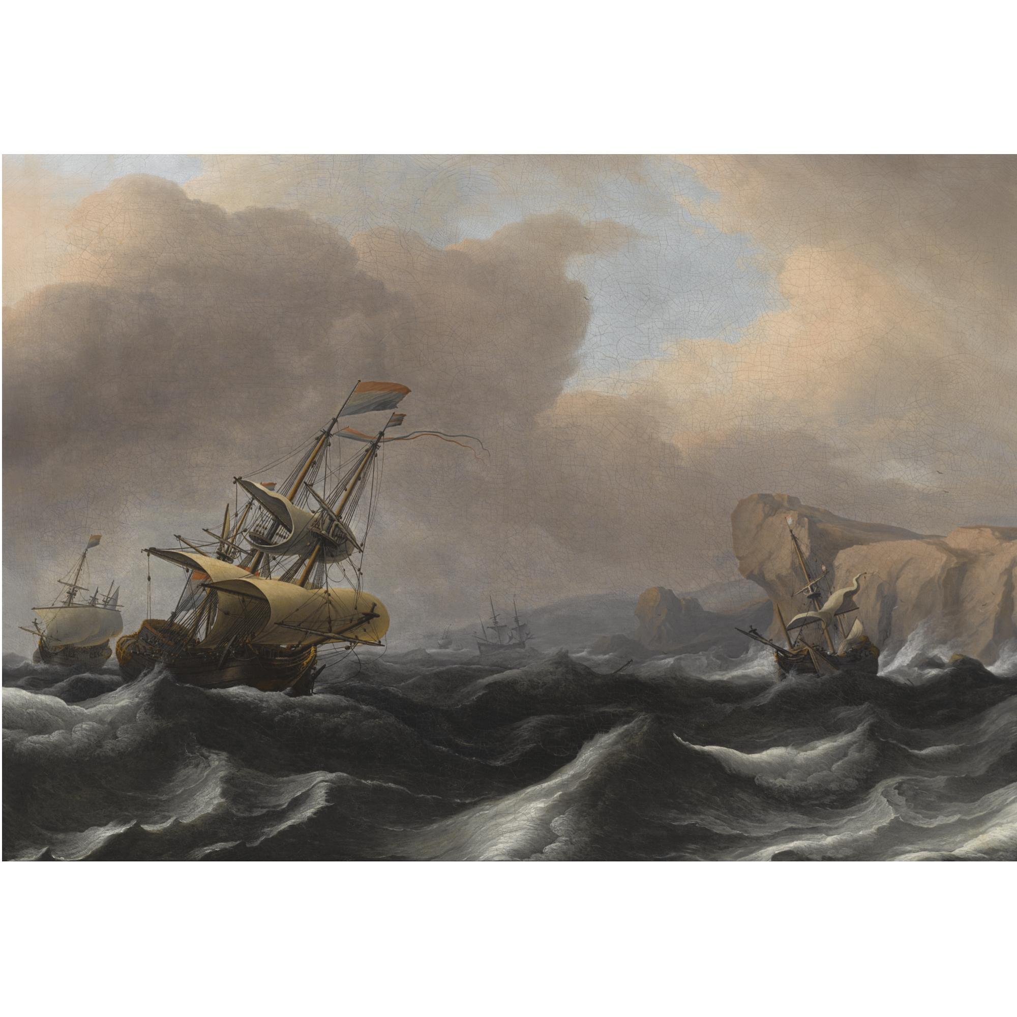 Aernout Smit - A Dutch Frigate And Other Shipping In Stormy Seas Along A Rocky Coastline