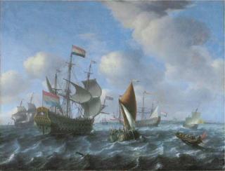Aernout Smit - A man-o\'-war, possibly Het Wapen van Utrecht, a wijdschip and a spiegelsloep in a stiff breeze