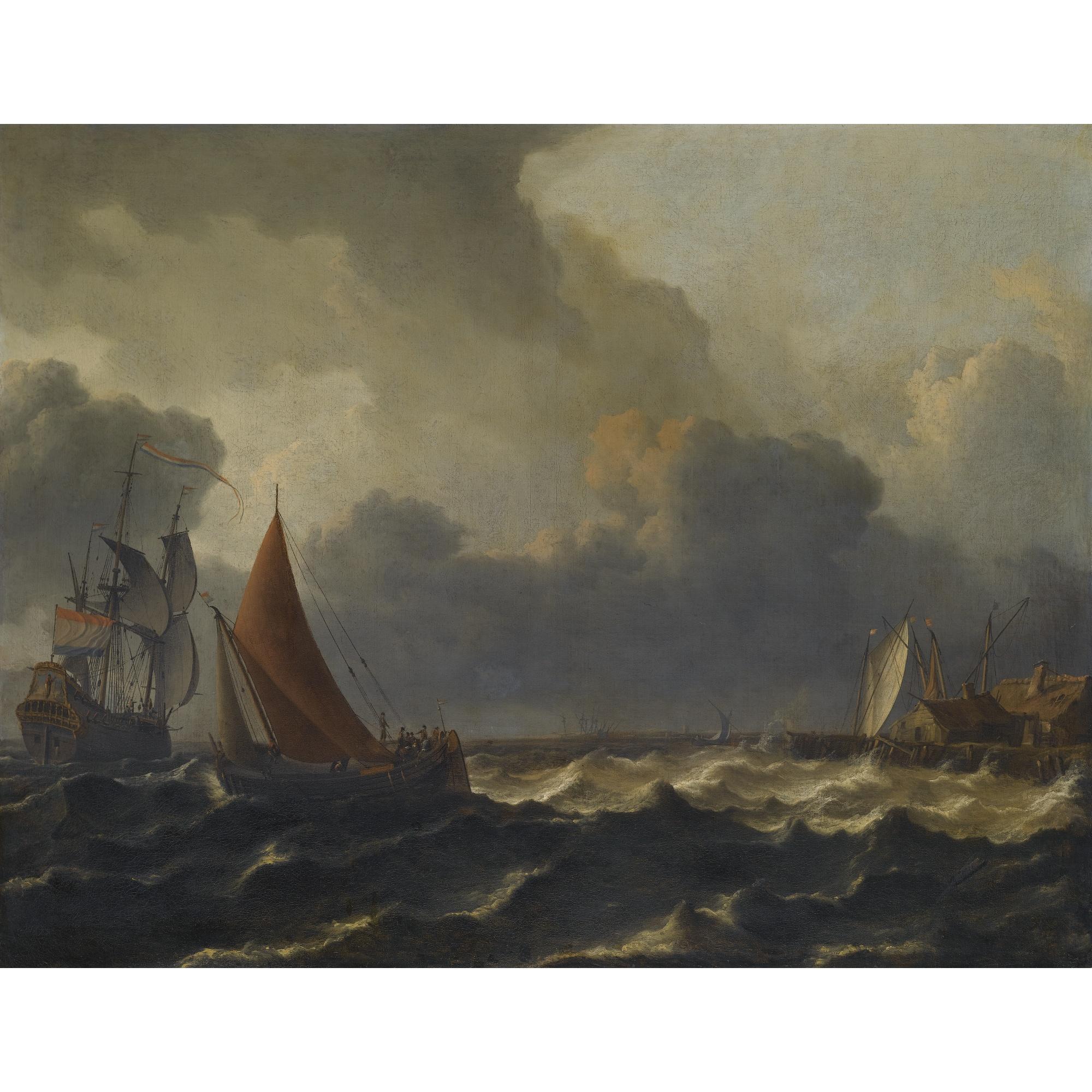 Aernout Smit - A Smalschip Closed Hauled In A Stiff Breeze With A Flagship Offshore To The Left And A Jetty To The Right