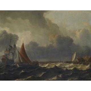 Aernout Smit - A Smalschip Closed Hauled In A Stiff Breeze With A Flagship Offshore To The Left And A Jetty To The Right