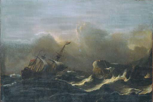 Aernout Smit - A three-master in a gale off a rocky coast