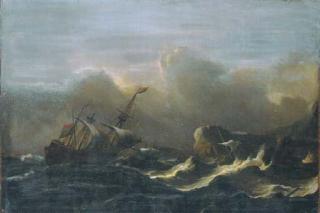 Aernout Smit - A three-master in a gale off a rocky coast