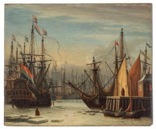 Aernout Smit - A view of the IJ harbour in winter, Amsterdam, with figures skating between the ships, a figure seated on an ice floe in the foreground