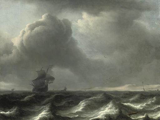 Aernout Smit - A \'wijdschip\' in choppy waters, other vessels beyond