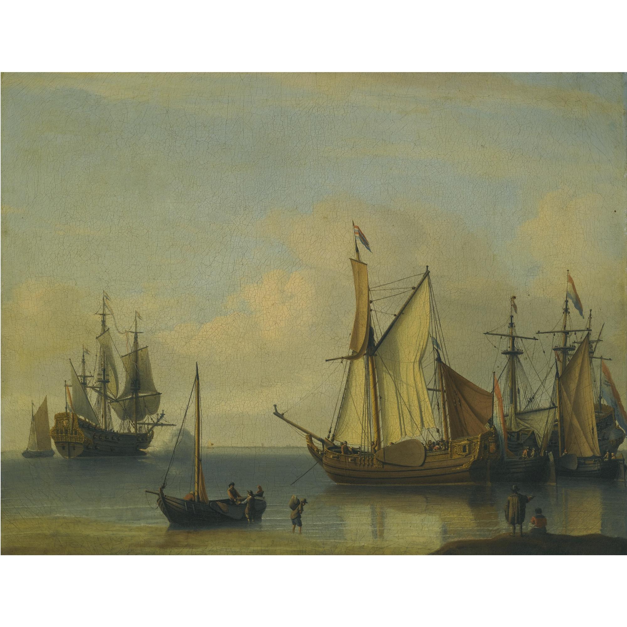 Aernout Smit - Dutch Vessels Anchored Close To The Shore In A Calm