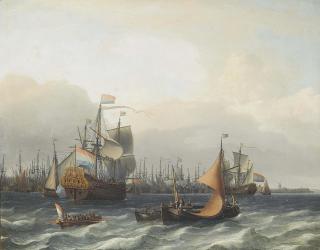 Aernout Smit - The Dutch Fleet Lying In The Harbour At Amsterdam, With The Flagship Approaching