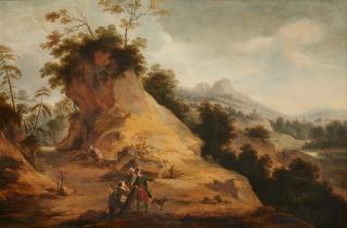 Aert Jansz. Marienhof - Rocky Landscape With Hunters Wearing Oriental Costume, Conversing On A Rocky Path