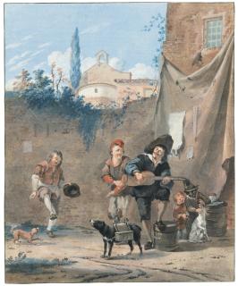 Aert Schouman - A Guitar Player And Two Peasants Dancing In A Street, After Karel Du Jardin