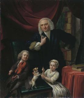 Aert Schouman - Portrait of a family, small, full-length, said to be Yoan van Wageningen (b. 1704) and children, Yan (b. 1733) and Cornelia (b. 1734), in an interior