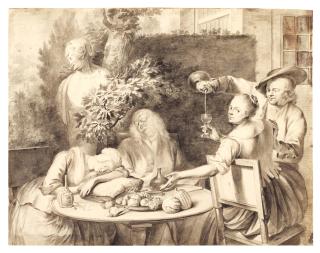 Aert Schouman - Scene of merrymaking, with four people drinking and sleeping at a table in a garden