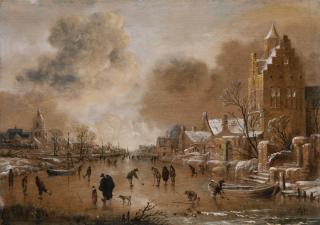 Aert Van Der Neer - A Frozen Canal With Kolf Players And Buildings On Both Banks