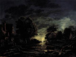 Aert Van der Neer - A Moonlight River Landscdape With Two Men Resting On The Bank