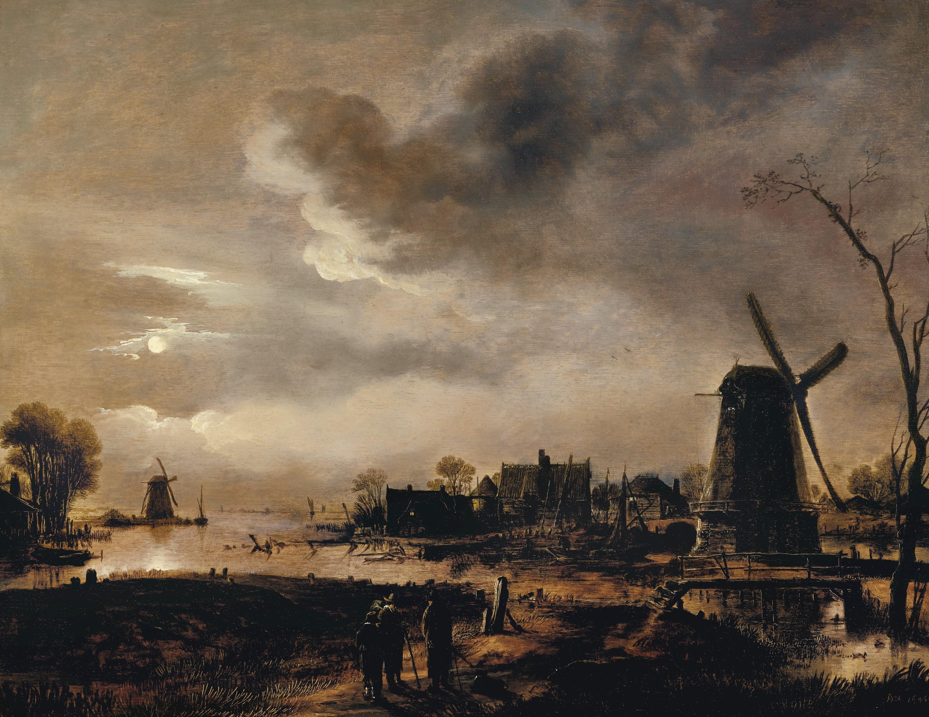 Aert Van Der Neer - A moonlit landscape with a windmill and figures by a lake