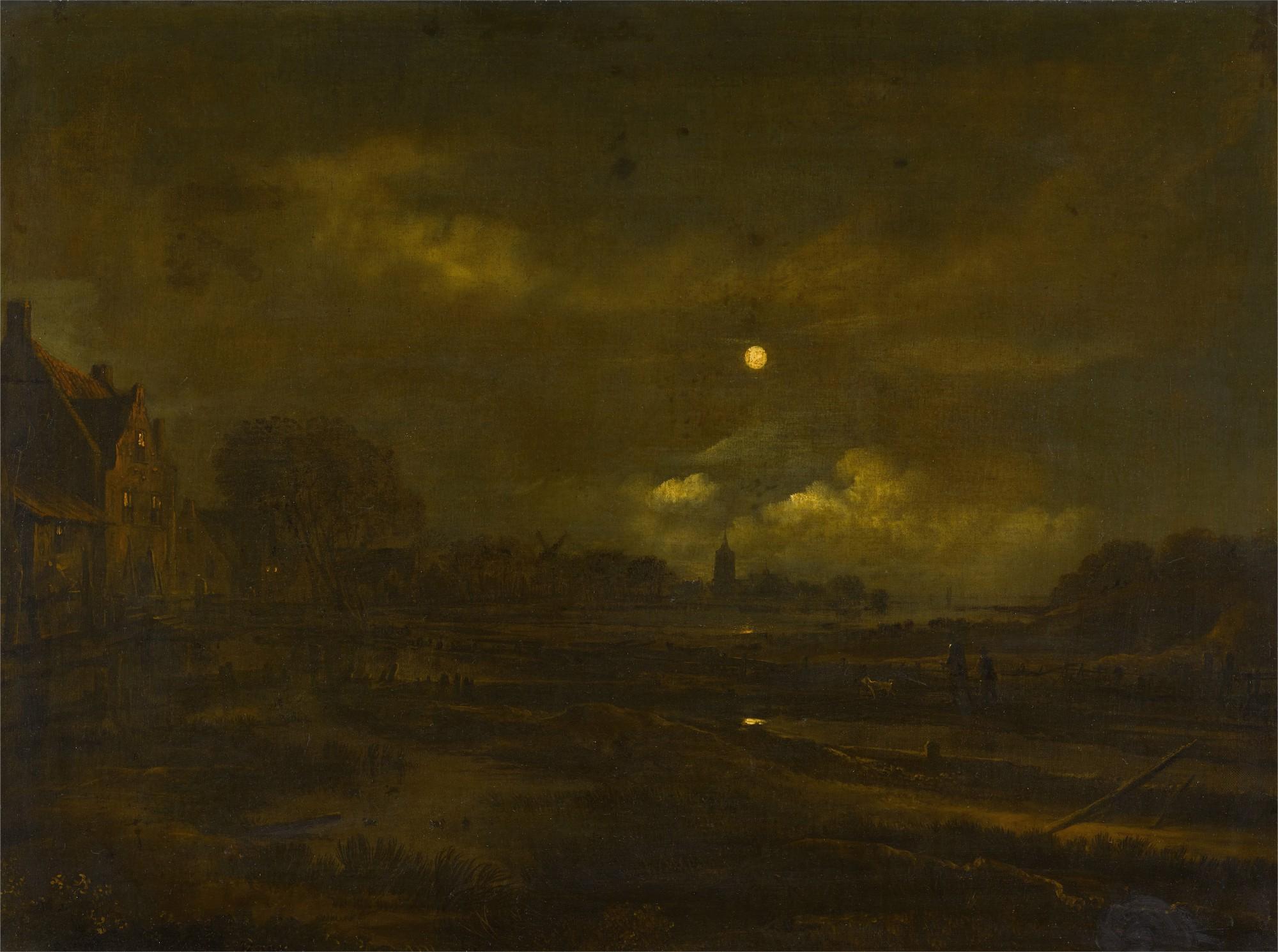 Aert van der Neer - A moonlit river landscape with a village, a windmill and church beyond, with travellers on a path in the foreground