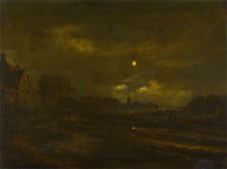 Aert van der Neer - A moonlit river landscape with a village, a windmill and church beyond, with travellers on a path in the foreground