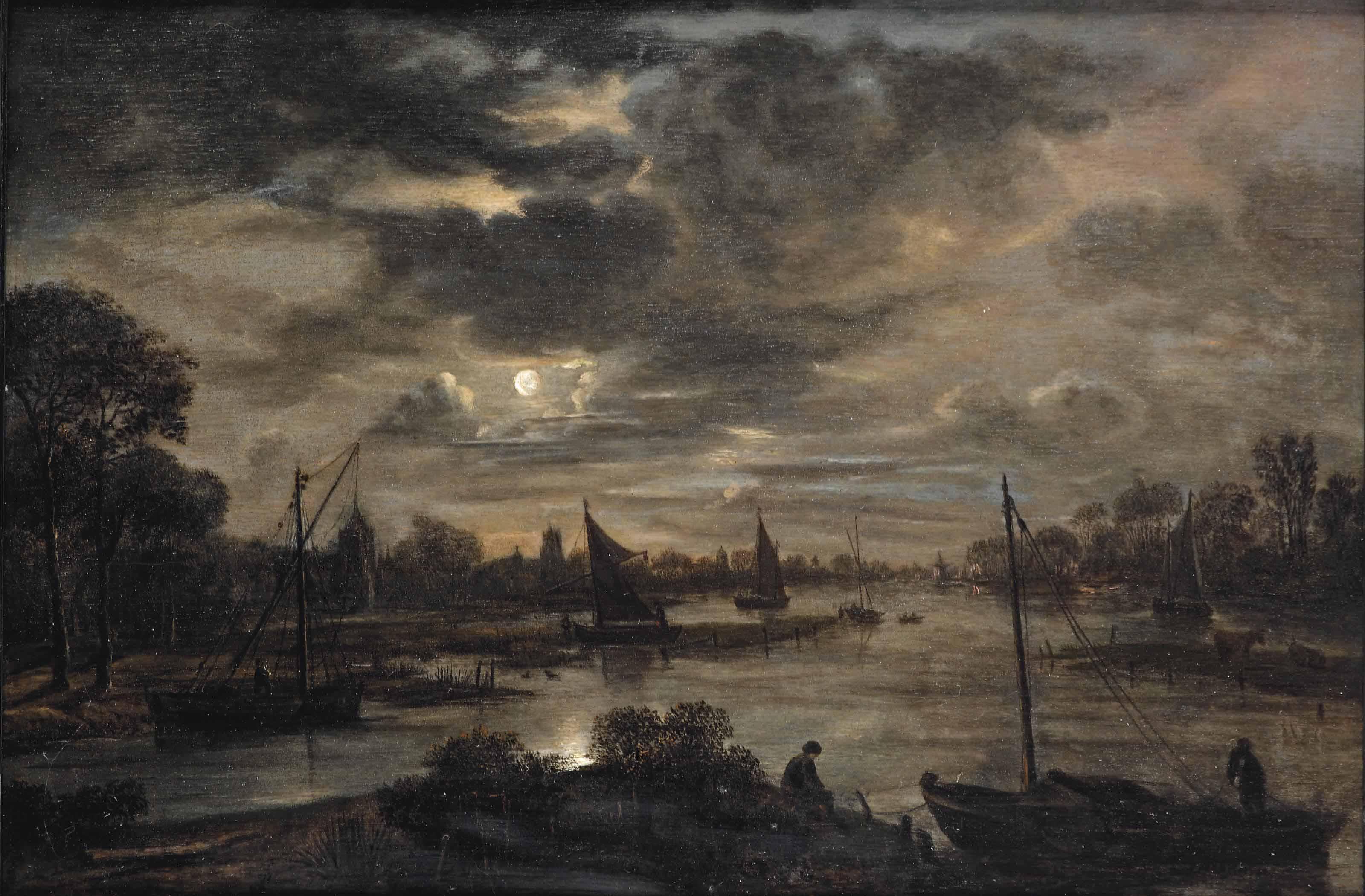Aert Van Der Neer - A Moonlit River Landscape With A Village Beyond