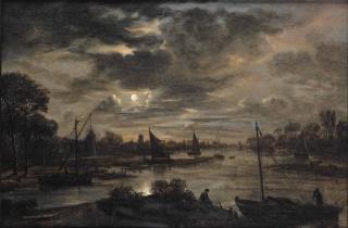 Aert Van Der Neer - A Moonlit River Landscape With A Village Beyond
