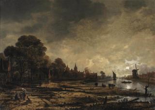 Aert van der Neer - A moonlit river landscape with figures conversing on the outskirts of a town