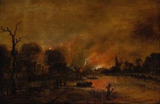 Aert van der Neer - A moonlit river landscape with figures quenching a fire in a town beyond