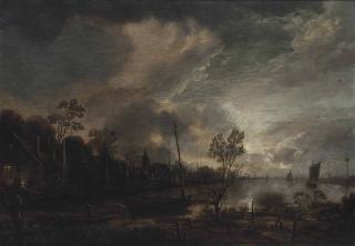 Aert Van Der Neer - A Moonlit River Landscape With Shipping And A Town Beyond