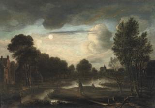 Aert Van Der Neer - A moonlit river landscape with three figures near a bridge and a church in the distance