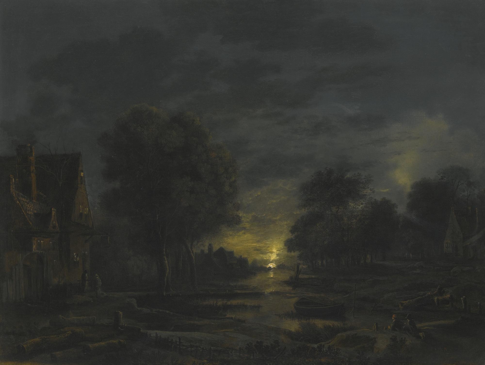 Aert Van Der Neer - A Moonlit River Landscape With Two Men Resting On The Bank, A Village Beyond