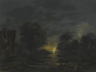Aert Van Der Neer - A Moonlit River Landscape With Two Men Resting On The Bank, A Village Beyond